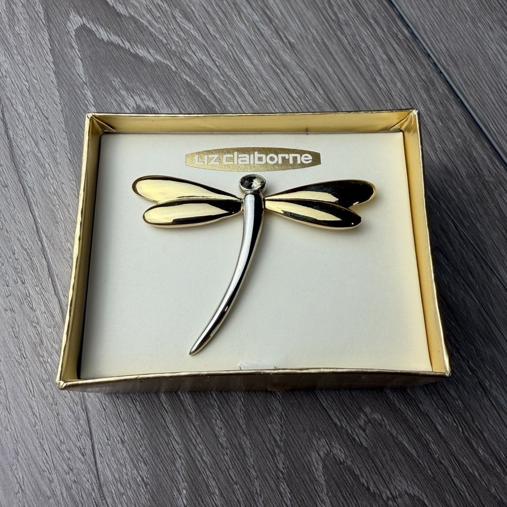 Vintage Liz Claiborne‎ Dragonfly Brooch Two Tone Gold Silver Pin New